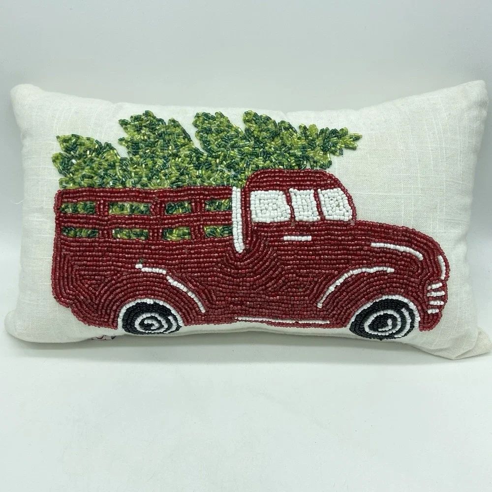 Devi Designs Beaded Christmas Pillow Red Truck 14.5